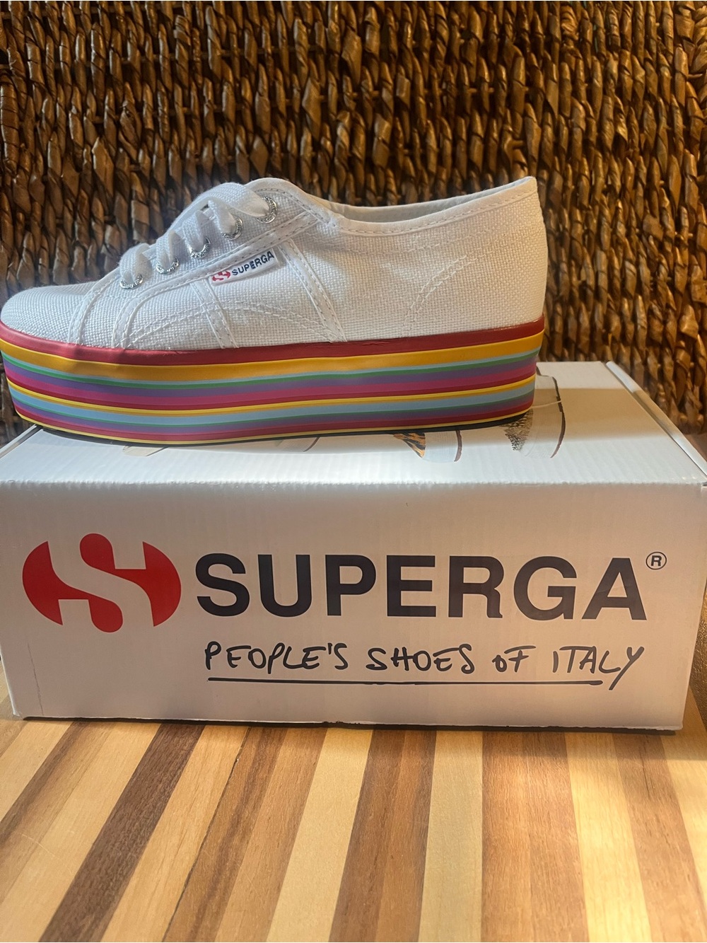 Superga White Platform Sneaker with Multicolor Rainbow Stripes